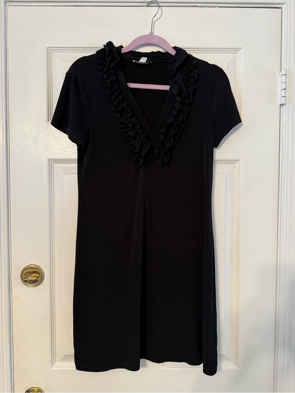 Ruffled V-Neck Short Sleeve Mini Dress - Black